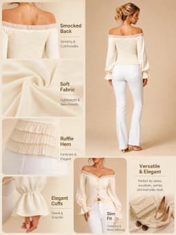Elegant Off Shoulder Corset Crop Tops for Women, Ruffled Trim Puff Long Sleeve Smocked Back Button Down Blouse Casual Party Evening Shirt