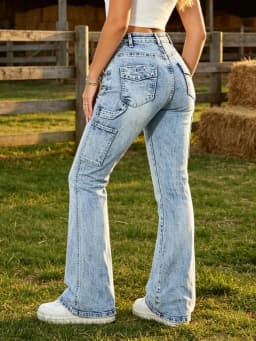 【HME】Jeans | Women Carpenter Pocket Design Denim Pants, High Waist Flare Bootcut Denim Jeans, Light Blue Snow Stone Wash, Tummy Control Butt-Lifting Optimize Waist-Hip Ratio, Flare Hem Lengthen Legs, American Retro Workwear Style, Versatile Casual Pants
