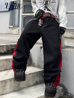 Men Y2K Baggy Wide Leg Jeans, Black Red Patchwork Dragon Print Raw Edge Denim Pants, Hip Hop Streetwear Loose Fit Casual Jeans for Men