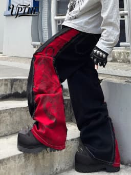 Men Y2K Baggy Wide Leg Jeans, Black Red Patchwork Dragon Print Raw Edge Denim Pants, Hip Hop Streetwear Loose Fit Casual Jeans for Men