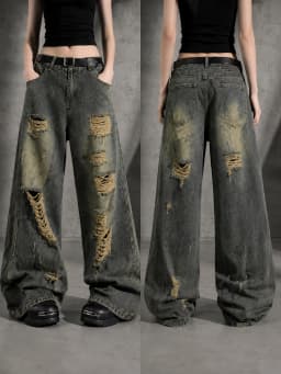Distressed Ripped Baggy Wide Leg Jeans for Women Vintage Wash Destroyed Denim Pants Y2K Grunge Streetwear Loose Oversized Trousers