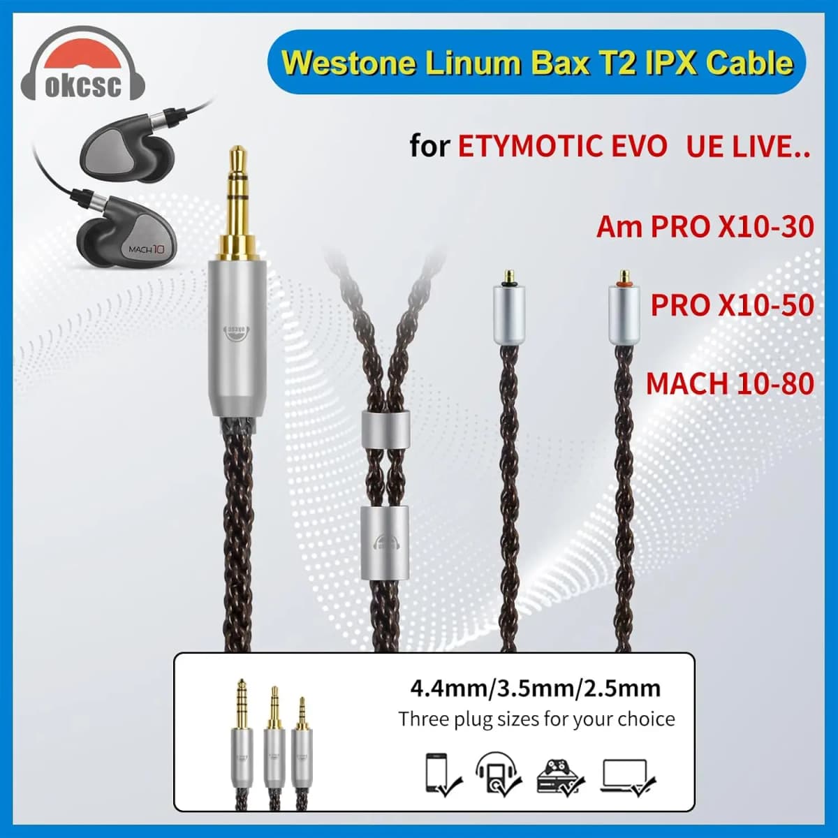OKCSC ZT8 Etymotic T2 IPX Upgrade Replacement IEM Cable 8‑Core OFC Pure Copper Alloy Audio Cord for Westone Linum BAX EVO UE Live Pro X Mach Series Earphones
