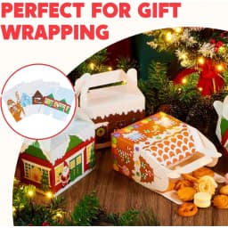 24 PCS 3D Christmas House Cardboard Treat Boxes for Holiday Xmas Goody 6" x 3.5" x 6" Goodie Cookie Boxes for Gift Giving, School Classroom Party Favor Supplies, 4 Designs Cardboard Candy Box
