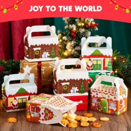 24 PCS 3D Christmas House Cardboard Treat Boxes for Holiday Xmas Goody 6" x 3.5" x 6" Goodie Cookie Boxes for Gift Giving, School Classroom Party Favor Supplies, 4 Designs Cardboard Candy Box