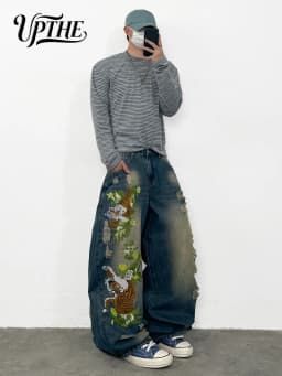 Men's Baggy Wide Leg Jeans, Y2K Vintage Washed Tiger Floral Embroidered Distressed Ripped Denim Pants, Loose Fit Hip Hop Streetwear Casual Trousers for Men
