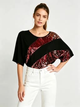 Women Black T‑Shirt Colorful Sequin Patchwork Short Sleeve Loose Tee Party Nightclub Casual Streetwear Tops