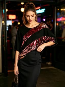 Women Black T‑Shirt Colorful Sequin Patchwork Short Sleeve Loose Tee Party Nightclub Casual Streetwear Tops
