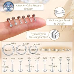 12 Pairs 316L Surgical Steel Flat Back Studs Hoop Earrings for Women Men CZ Stud Earrings Nose Stud Helix Piercing Jewelry
