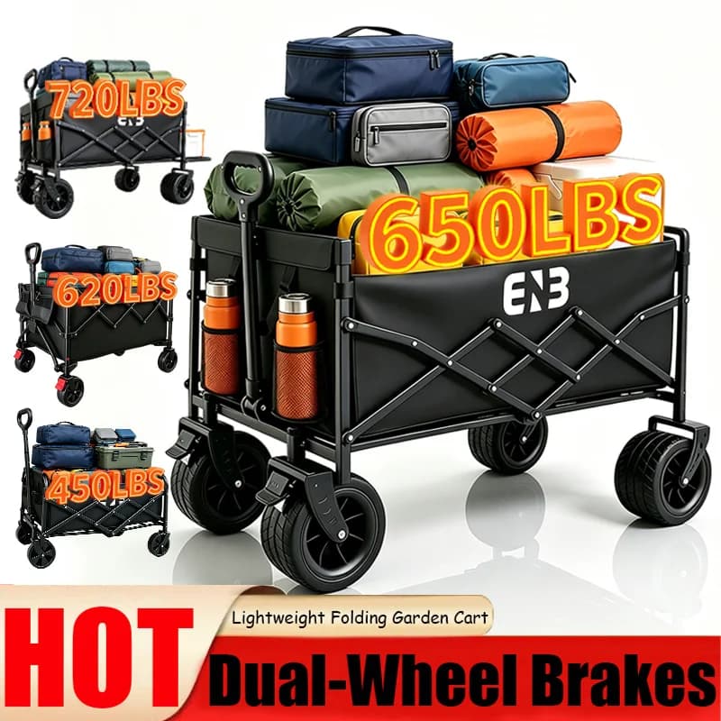 Quiet All-Terrain Folding Multifunctional Shopping Cart—Large Storage Capacity, One-Button Folding for Easy Storage, Black Waterproof Oxford Fabric with Side Cup Holders—Ideal for Camping, Outings, Gardening, and Heavy-Duty Grocery Hauling