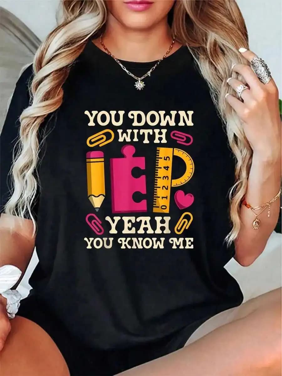 Ladies Special Education IEP SPED Teacher Print T‑Shirt 100% Cotton Casual Crew Neck Short Sleeve Tops You Down With IEP Funny Retro School Supply Graphic Tees Daily Outfit Tops