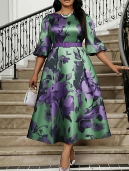 Women Plus Size Round Neck Puff Three Quarter Sleeve Floral Print Midi Dress Elegant A Line Flared Dress For Wedding Guest Formal Occasion
