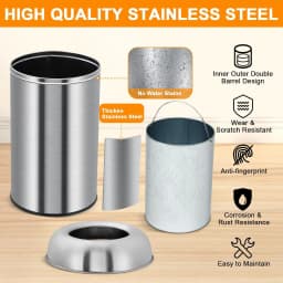 50/70L Stainless Steel Trash Can Open Top Double Layer Garbage Waste Bucket for Bathroom Kitchen Bedroom Office Desk Home Living Room Hotel Cleaning Tools