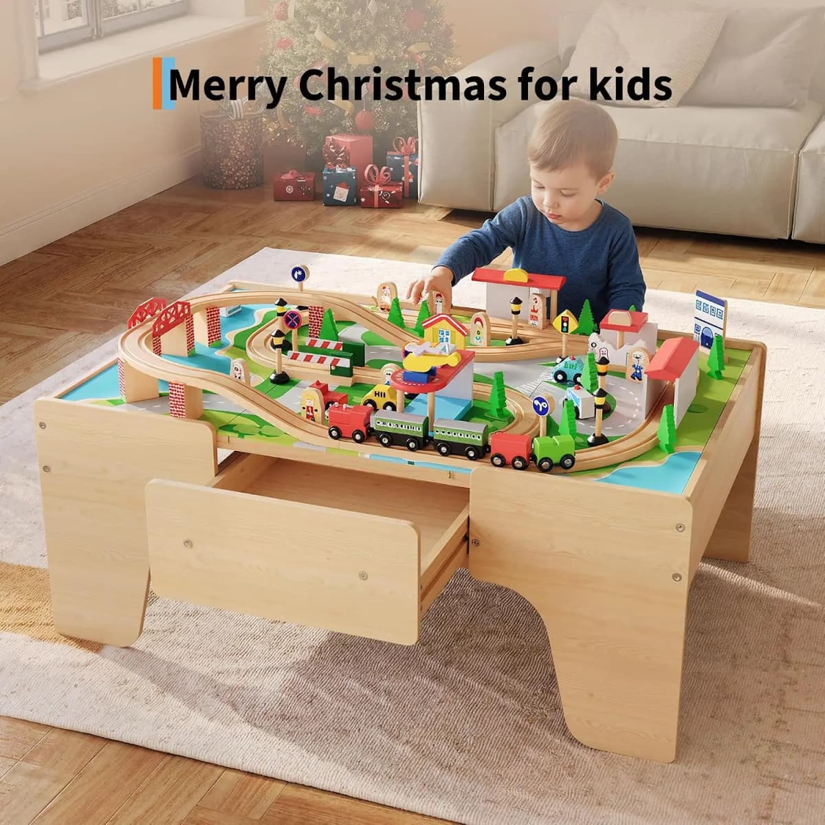 84Pcs/set Wooden Train Table Playset Multi Play Activity Table with Railway Tracks Toy Trains Bridges City Scenery & Large Storage Drawer & Natural Finish for Toddlers