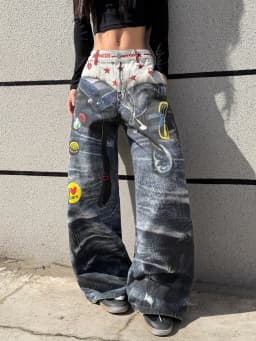 American High-Street 3D Print Design Blue Loose Jeans Y2K Street Trendy Fashion Versatile High-Waist Wide-Leg Pants
