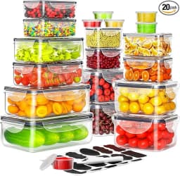 40 Pcs Airtight Food Storage Container Set 20 Clear Plastic Stackable Pantry Organizer Boxes with Lids Leakproof BPA-Free Reusable Cereal Canisters Kitchen Organization Accessories Includes Labels and Pen