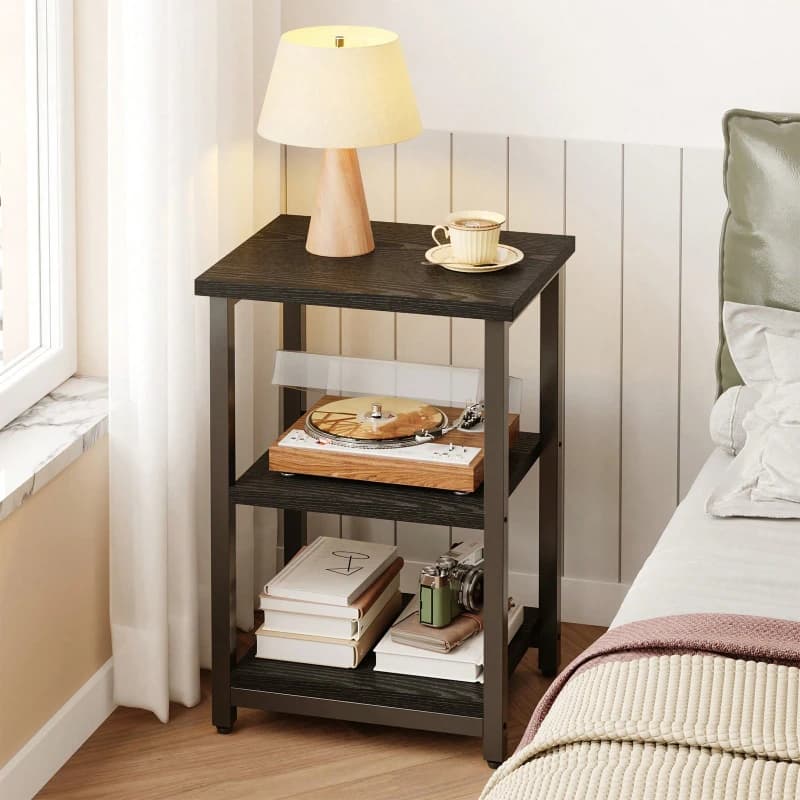 3 Tier Nightstand Black Wood Grain Slim Bedside Table Space Saving for Bedroom Storage