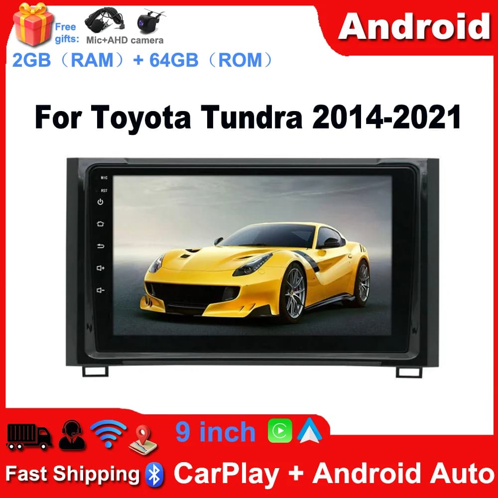 Car Stereo Radio 9in Touch Screen Android 15 GPS Navigation Head Unit with Carplay Android Auto SWC Car Player for Toyota Tundra 2014-2021 WiFi Bluetooth 2+64G Quad Core