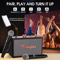Karaoke Machine, Retro-Styled Portable Speaker with 2 Wireless Microphones, Bluetooth/AUX/USB/TF/TWS Connectivity, Home Party Entertainment for Adults and Kids, Ideal Gift for Women and Girls