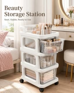 3-Tier Stackable Rolling Storage Cart With Clear Pull-Out Drawers & Top Handle, Space-Saving Mobile Plastic Organizer With Wheels For Bedroom, Bathroom, Dorm, Office & Closet, White