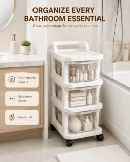 3-Tier Stackable Rolling Storage Cart With Clear Pull-Out Drawers & Top Handle, Space-Saving Mobile Plastic Organizer With Wheels For Bedroom, Bathroom, Dorm, Office & Closet, White