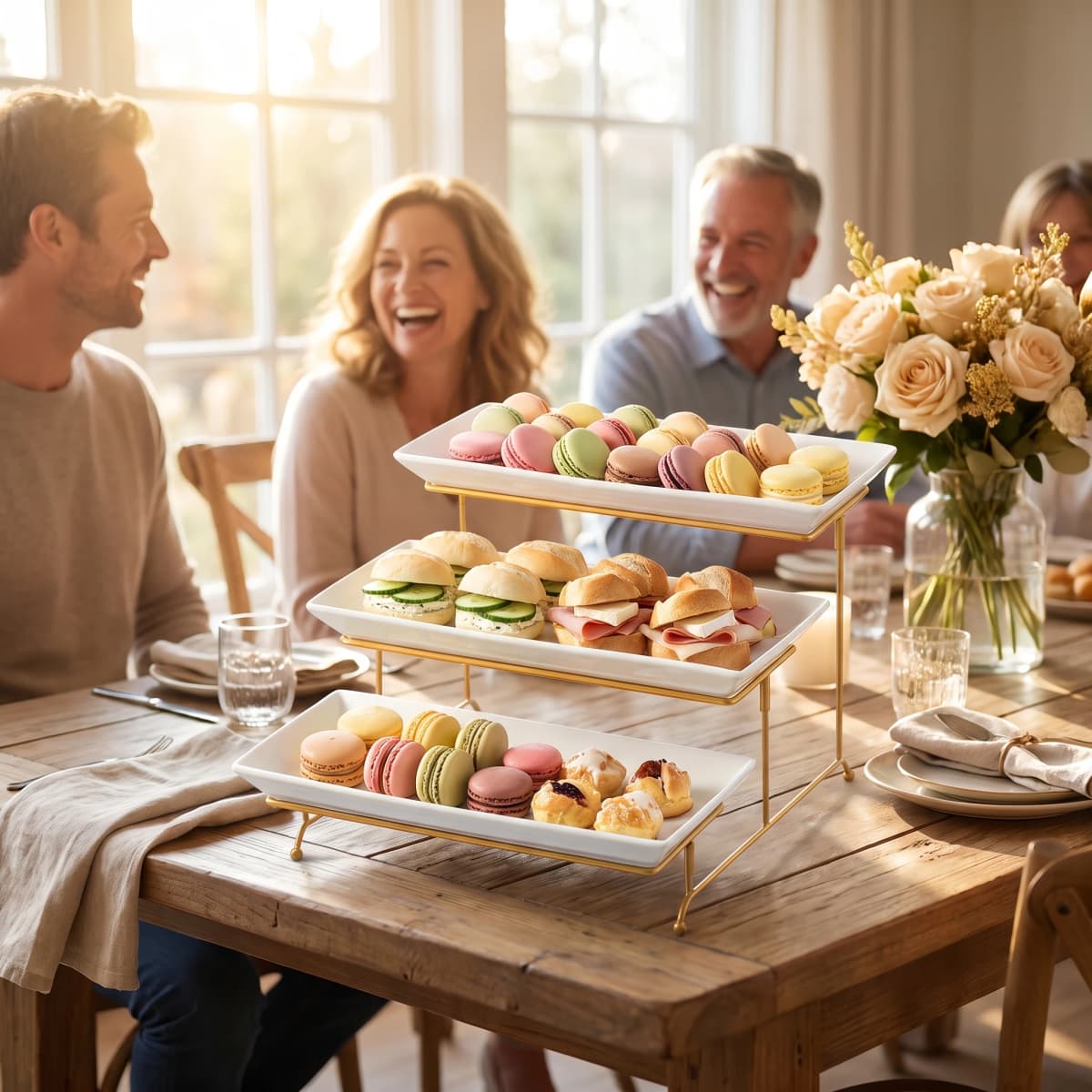 Large 3 Tier Porcelain Serving Stand with Gold Metal Rack, Space Saving Rectangular Dessert Platters for Fruit, Cake, Sandwiches & Party Food, Easy Assembly, Dishwasher Safe Kitchen Tableware