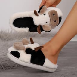 Women Kawaii Fuzzy Cute Cow Slippers for Women Winter Warm Cozy Animal Girl Slippers Walking Shoes Fur Lined Clogs