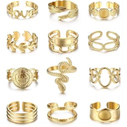 12Pcs Gold-plated Rings Set for Women Stainless Steel Stackable Rings Boho Signet Snake Adjustable Knuckle Rings Jewel