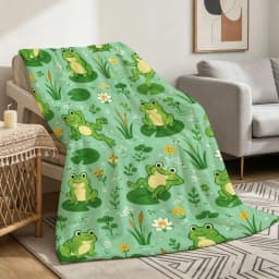 Cozy Fleece Throw Blanket Mint Green with Cute Cartoon Frogs on Lily Pads Pattern, Warm Lightweight Cozy Blanket for Sofa Bed Couch Travel Camping Indoor Outdoor Use