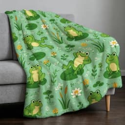 Cozy Fleece Throw Blanket Mint Green with Cute Cartoon Frogs on Lily Pads Pattern, Warm Lightweight Cozy Blanket for Sofa Bed Couch Travel Camping Indoor Outdoor Use