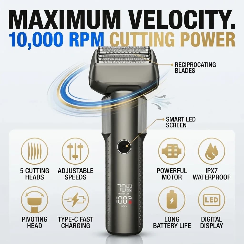 Electric Shaver for Men 5-Blade Reciprocating Foil Razor 10000 RPM High Velocity Motor LED Digital Display IPX6 Waterproof Wet Dry Shaving Type-C Fast Rechargeable Gunmetal Metallic Grooming Kit