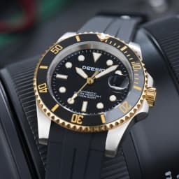 DEESIO Men's Luxury Full Automatic Mechanical Watch, Black-Golden Dial, Luminous Self-Winding, Date Calendar, High-Hardness Mineral Glass, Soft Silicone Rubber SweatproofStrap,Upgrade 100M Water Resistant, Business Casual Sport Analog Round Gift for Men