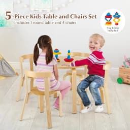 5-Piece Wooden Kids Desk & Chairs Set with Toy Bricks - Ideal for Playroom, Classroom, Daycare | Educational, Durable, Natural,