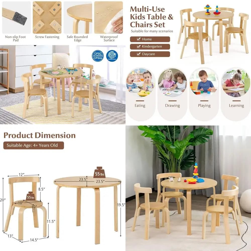 5-Piece Wooden Kids Desk & Chairs Set with Toy Bricks - Ideal for Playroom, Classroom, Daycare | Educational, Durable, Natural,