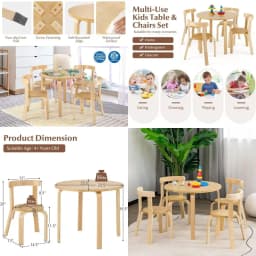 5-Piece Wooden Kids Desk & Chairs Set with Toy Bricks - Ideal for Playroom, Classroom, Daycare | Educational, Durable, Natural,