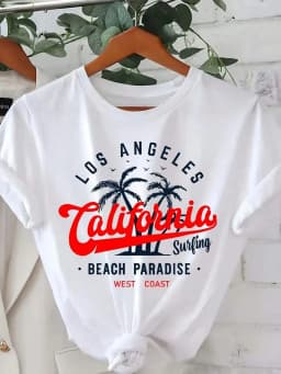 Black Round Neck Short Sleeve T‑Shirt Featuring Palm Tree Design And West Coast Lettering Casual Tops Perfect For Beach Day Summer Daily Wear
