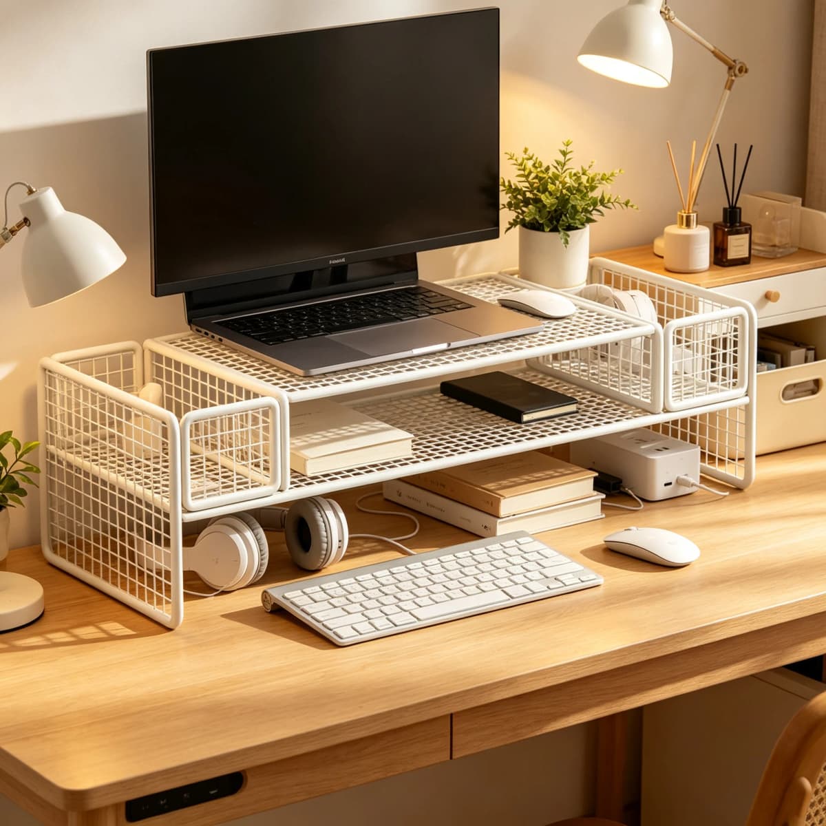 Multifunctional Computer Monitor Riser Desktop Storage Stand Desk Organizer Shelf Laptop Elevating Holder for Home Office Desktop Keyboard Storage