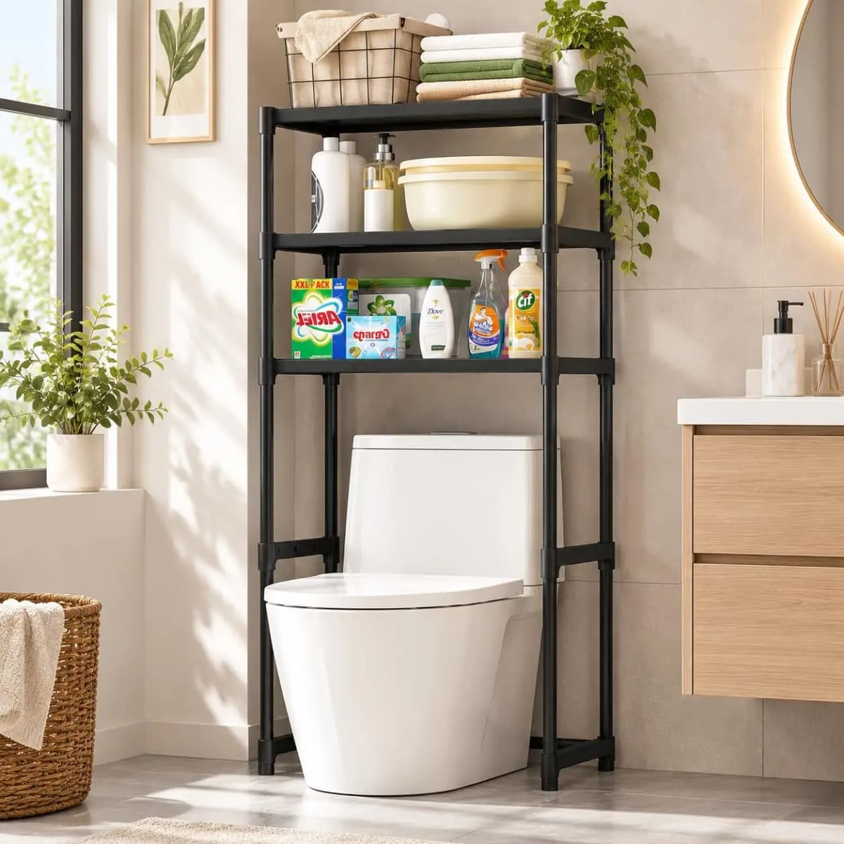 Bathroom Storage Rack Over The Toilet Shelf 3 Tier Space Saver Organizer Multi-Functional Wall Hanging Toilet Storage Rack