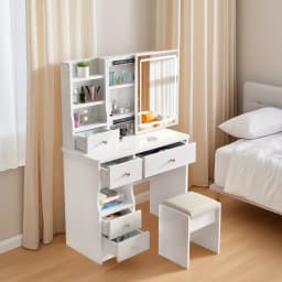 Vanity Desk Makeup Vanity Desk with Sliding Mirror and Lights, Makeup Vanity Set with Drawers, Stool and Open Shelves, 3 Color Lighting Modes Brightness Adjustable Dressing Table for Bedroom