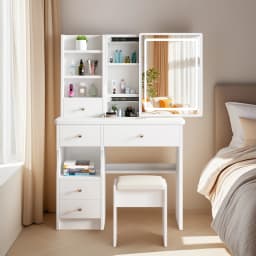 Vanity Desk Makeup Vanity Desk with Sliding Mirror and Lights, Makeup Vanity Set with Drawers, Stool and Open Shelves, 3 Color Lighting Modes Brightness Adjustable Dressing Table for Bedroom