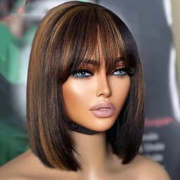 Highlight Blonde Short BOB 2X1 Lace Human Hair Wig Brazilian 1b/30 Straight Bob Bone With Bangs For Women Pre Plucked Natural Hairline Wig 180% Density 12Inch
