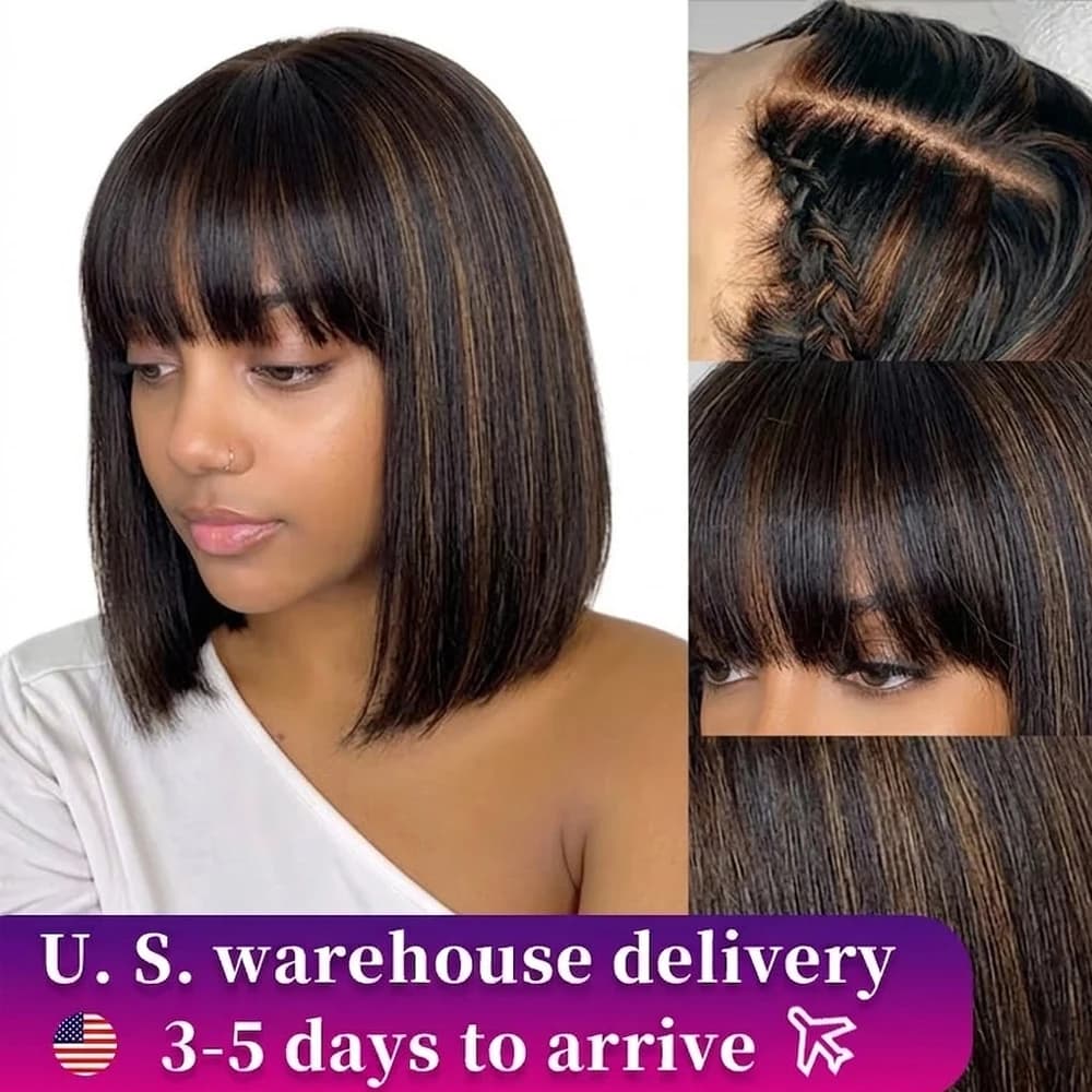 Highlight Blonde Short BOB 2X1 Lace Human Hair Wig Brazilian 1b/30 Straight Bob Bone With Bangs For Women Pre Plucked Natural Hairline Wig 180% Density 12Inch