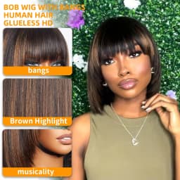 Highlight Blonde Short BOB 2X1 Lace Human Hair Wig Brazilian 1b/30 Straight Bob Bone With Bangs For Women Pre Plucked Natural Hairline Wig 180% Density 12Inch