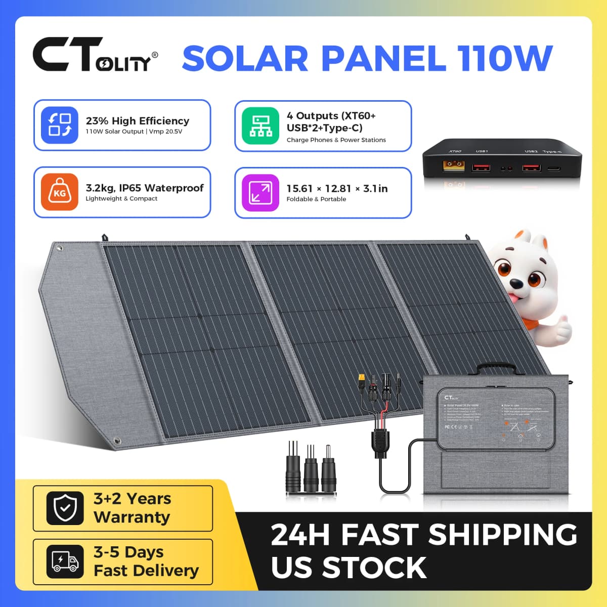 CTOLITY 110W Portable Solar Panel 23% High Efficiency ETFE Foldable Solar Panel Charger with PD Box-Type-C,XT60 Output,QC3.0 Dual USB, MC4 Adapter Cable for Jackery Bluetti Ecoflow Power Stations