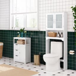 Over The Toilet Storage Cabinet with Adjustable Shelves and Double Glass Doors, Freestanding Bathroom Organizer, White