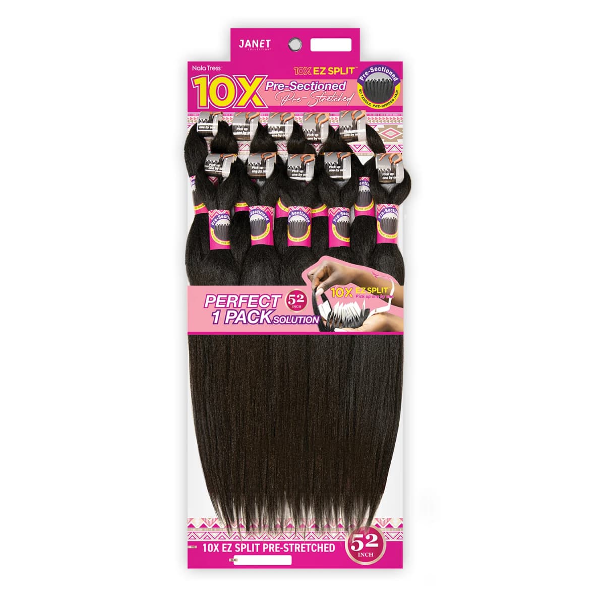 Janet Collection Braids Pre-Sectioned Nala Tress 10X EZ Split Pre-Stretched 52", Synthetic