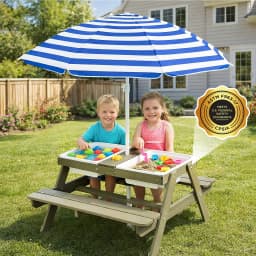 Wooden 4-in-1 Picnic Table – Kids Sand & Water Sensory Table with Weatherproof Umbrella, 2 Covered Storage Bins, for Toddlers, B