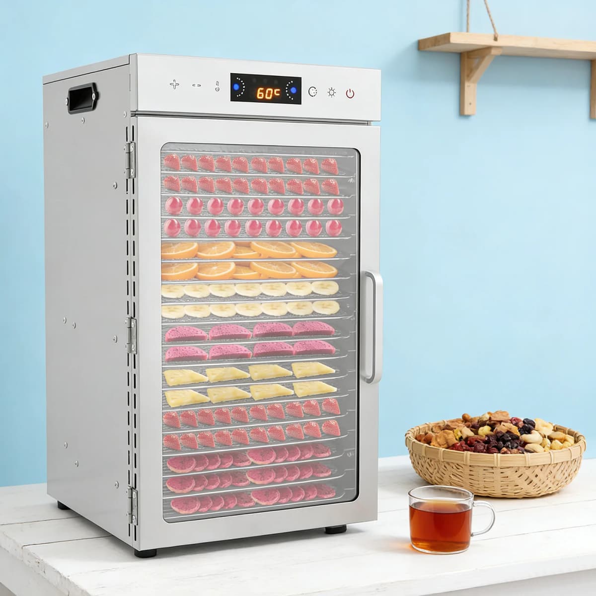 18 Trays Food Dehydrator 304 201 Stainless Steel Fruit Dryer 800W Commercial Food Dryer Machine for Meat, Fruit, Beef, Pet Food