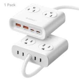 ORICO Power Brick Max 25W GaN Power Strip 8-in-1 Desktop Charging Station with 4 AC Outlets 2 USB-C 2 USB-A 5ft Extension Cord 45° Ultra Thin Flat Plug for Travel Office Home