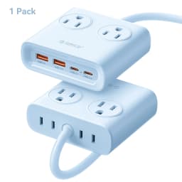 ORICO Power Brick Max 25W GaN Power Strip 8-in-1 Desktop Charging Station with 4 AC Outlets 2 USB-C 2 USB-A 5ft Extension Cord 45° Ultra Thin Flat Plug for Travel Office Home