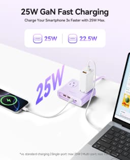 ORICO Power Brick Max 25W GaN Power Strip 8-in-1 Desktop Charging Station with 4 AC Outlets 2 USB-C 2 USB-A 5ft Extension Cord 45° Ultra Thin Flat Plug for Travel Office Home